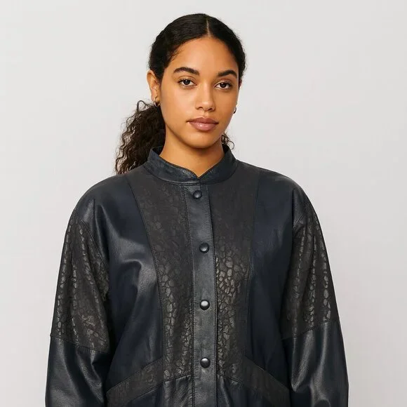 Vtg Oscar Leopold Deep Navy Animal Print Panels Retro Genuine Leather Jacket P/S - Picture 9 of 11